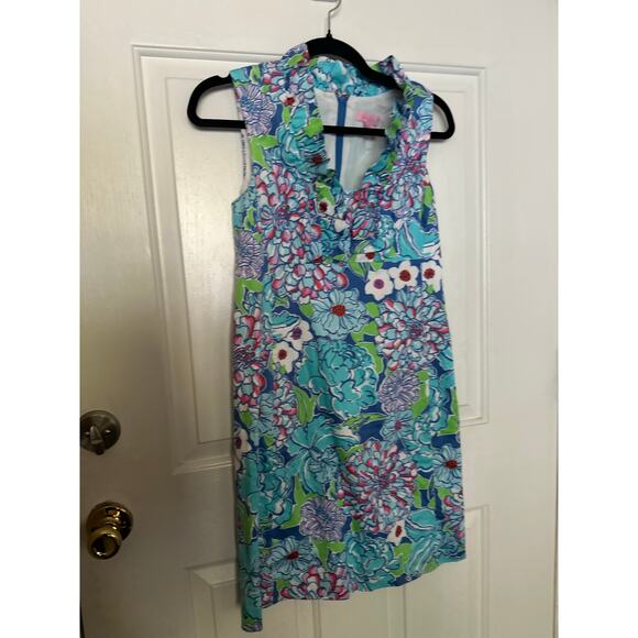Lilly Pulitzer Adeline Shift Dress Size 0 Worth Blue May Flower Ruffle Trim - Picture 4 of 6